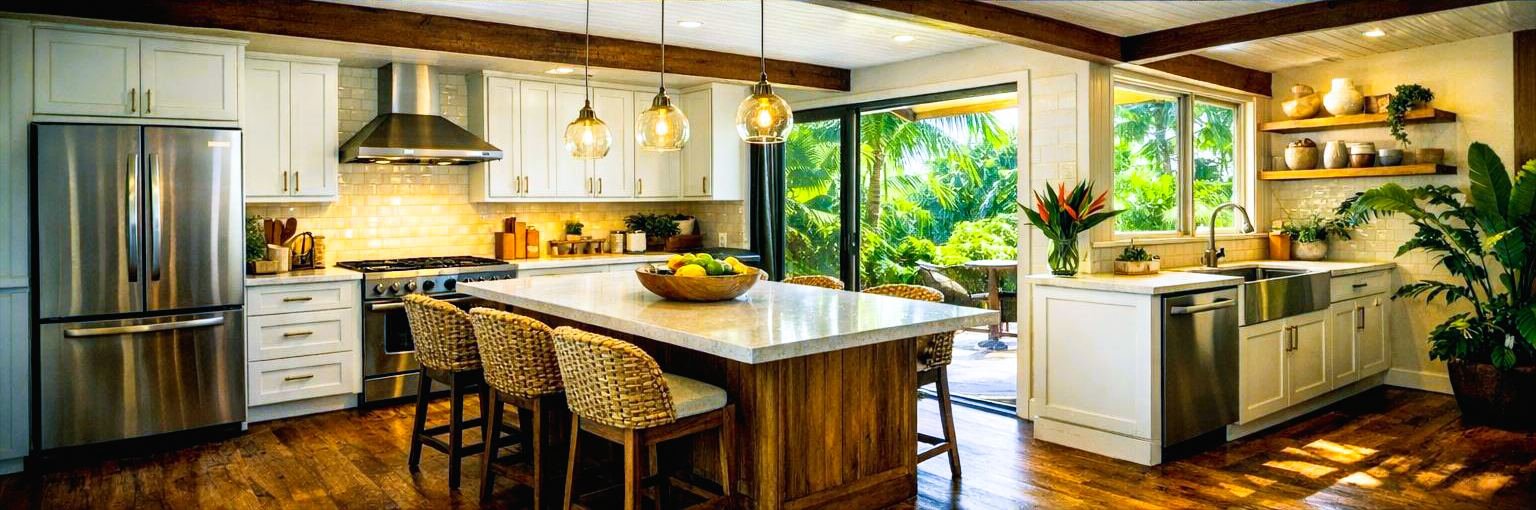 Permitted open-concept kitchen renovation with exposed beams in Mānoa