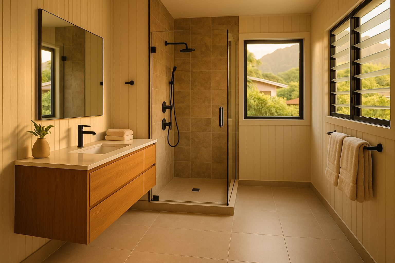 Spa-like renovated primary bathroom with clean tile and modern fixtures — illustrative of Island Contractors' bathroom remodel quality