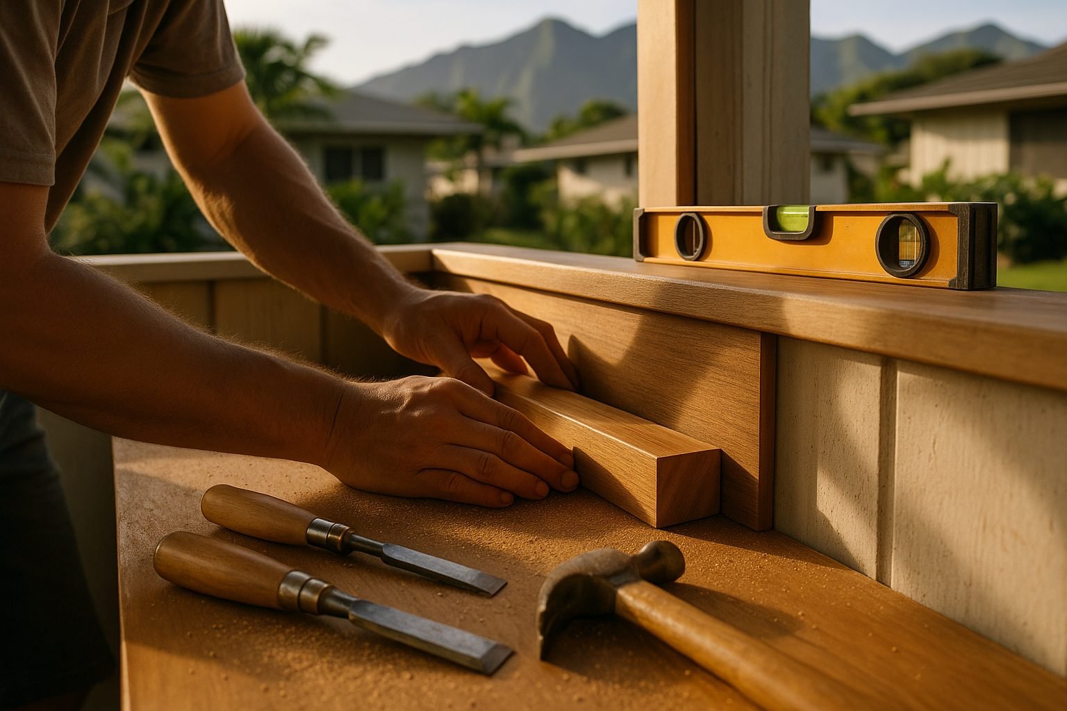 Craftsman hands carefully fitting hardwood trim — the kind of detail work Island Contractors brings to every finish