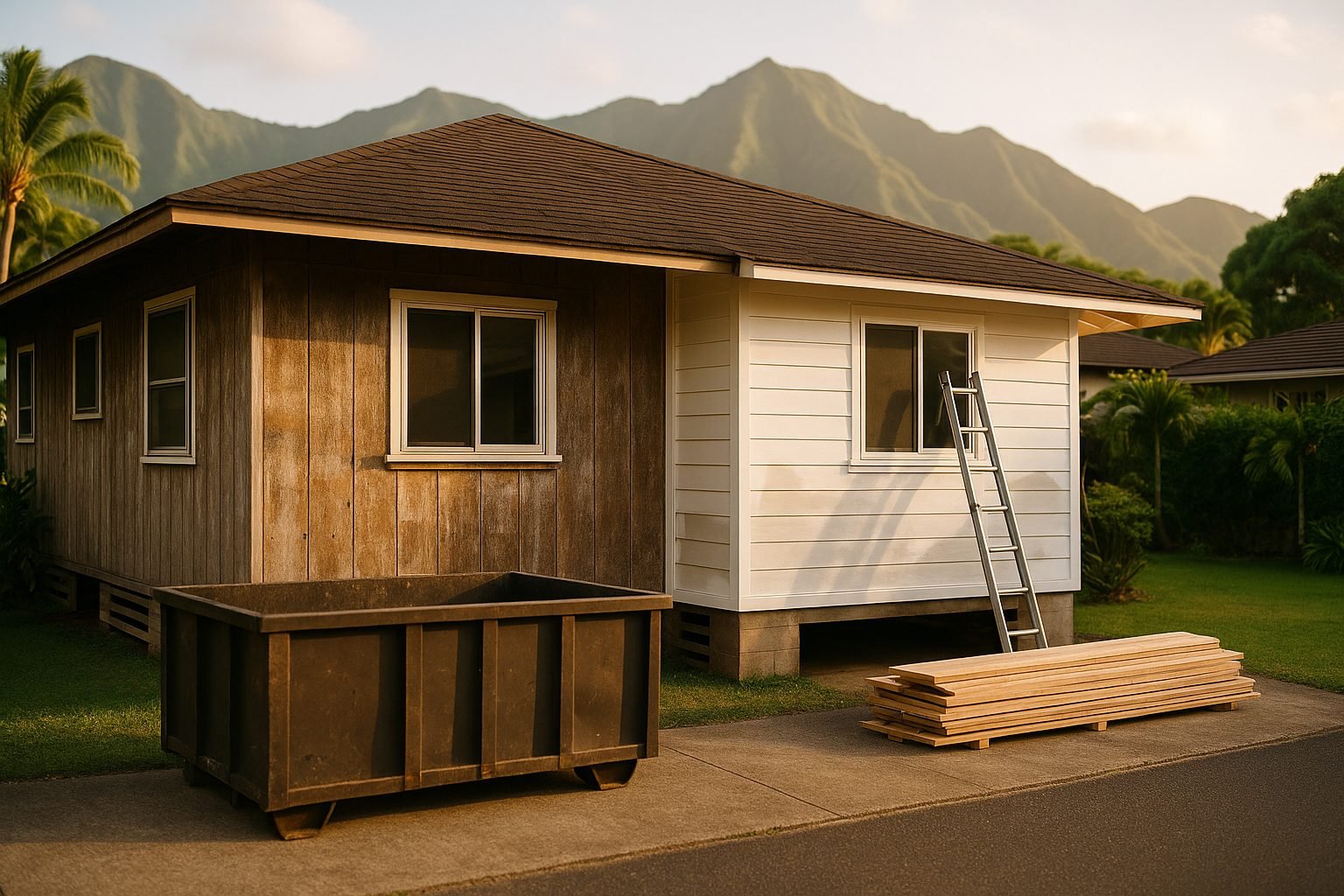 An Oahu home mid-renovation — fresh siding and structural work in progress, showing the scope of a full exterior overhaul