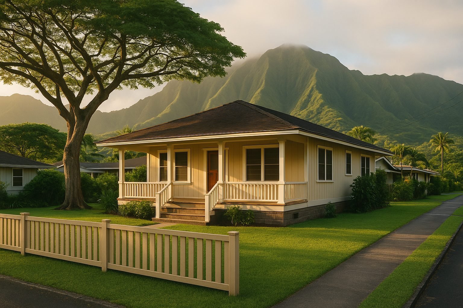 Tree-lined street in Kailua, Oahu — a neighborhood of well-kept homes near the beach with Ko'olau mountains in the background