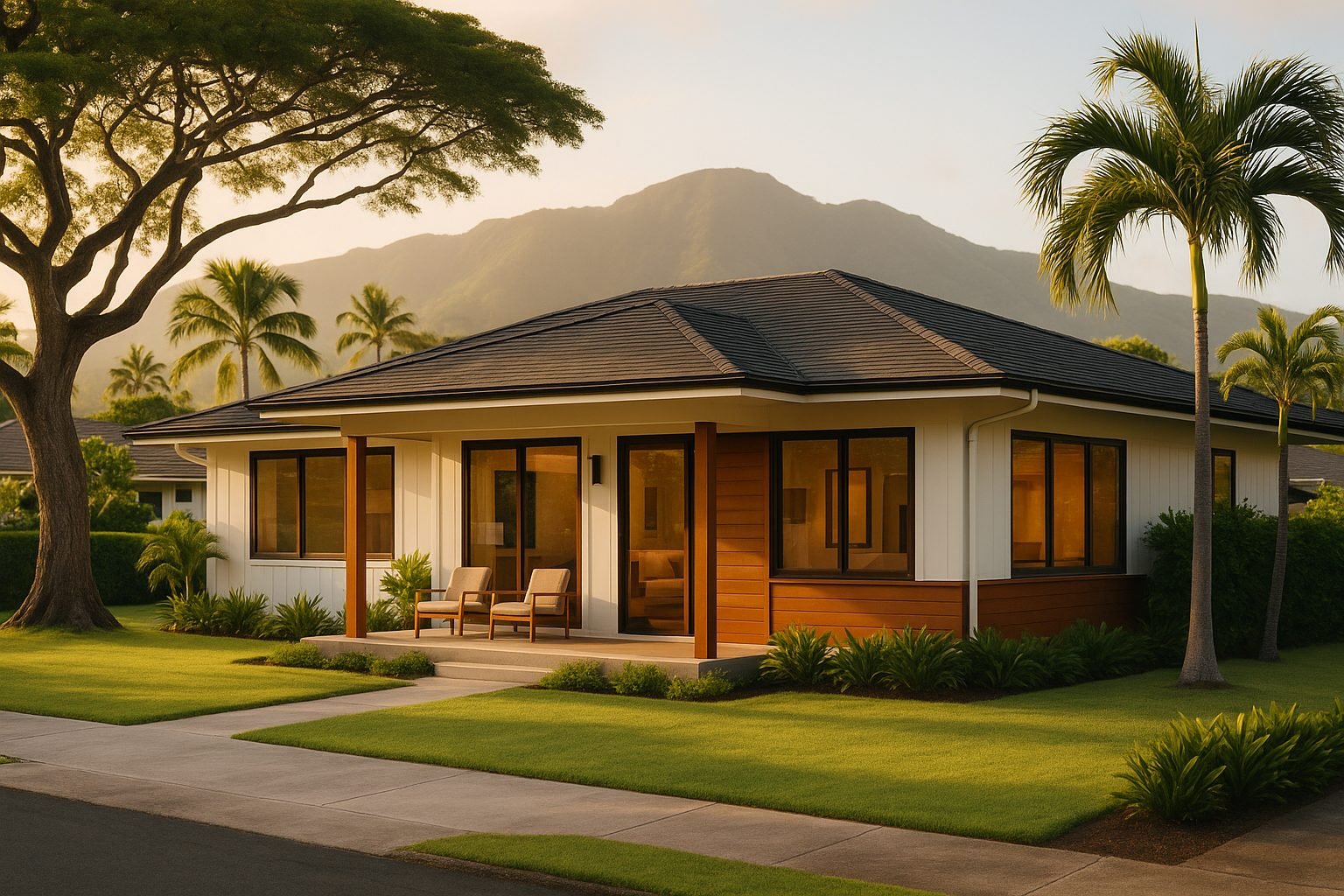 Renovated single-family home exterior on Oahu at golden hour — illustrative of the craftsmanship Island Contractors brings to Windward projects