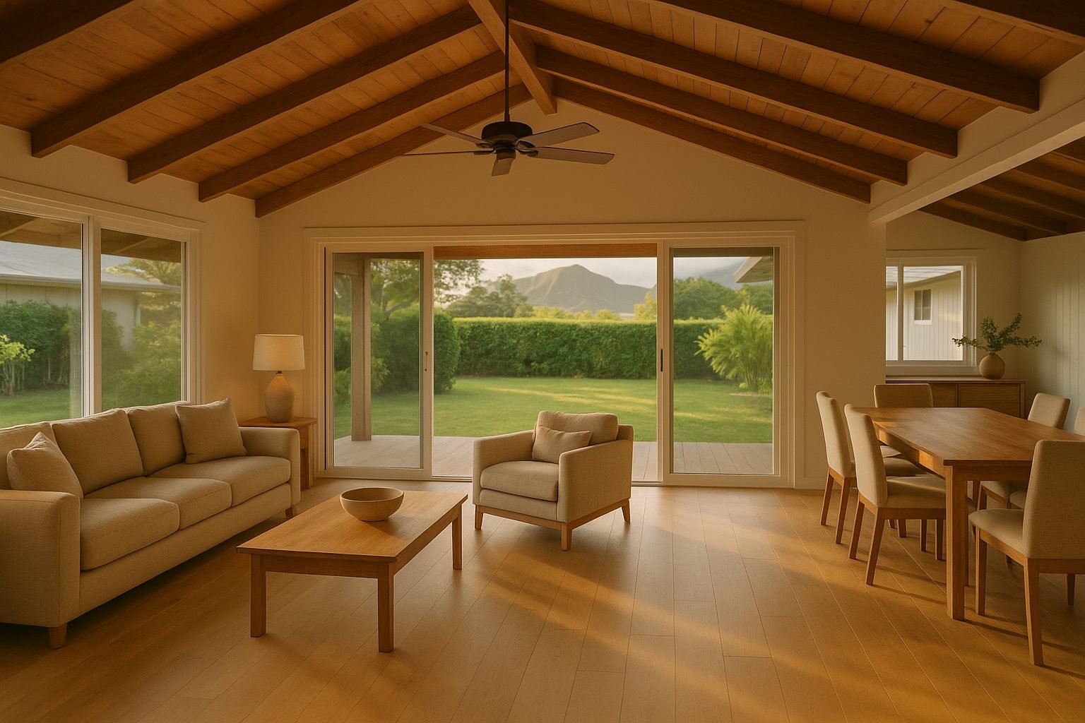 Open renovated living and dining room with vaulted wood-beam ceiling — illustrative of the finish quality Island Contractors delivers on Oahu